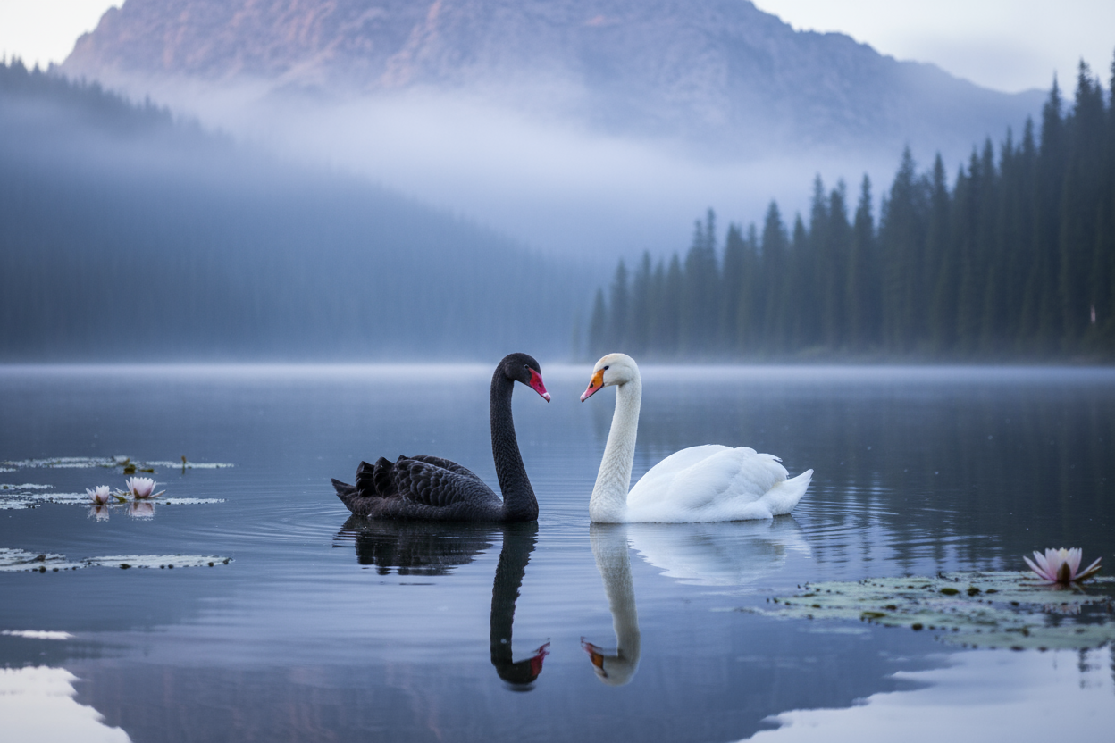 A black swan with a white swan. cool